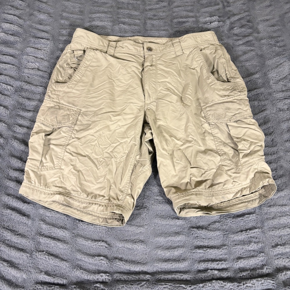 Duluth Trading Co Dry on the Fly Cargo Shorts Mens 36 Khaki Nylon Spandex AT321